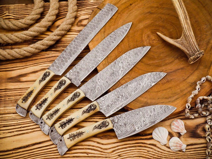 Handmade Damascus Steel Chef Knife Set (5 pcs) with Leather Sheath