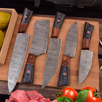 BladeVista Hand-Forged Damascus Chef Knife Set (5-Piece)