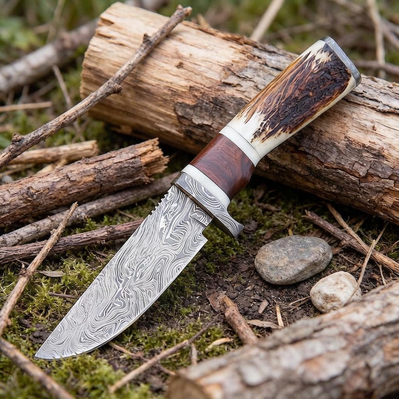 Handmade Damascus Steel Skinner Knife | Full Tang Hunting Knife with Stag Horn Handle
