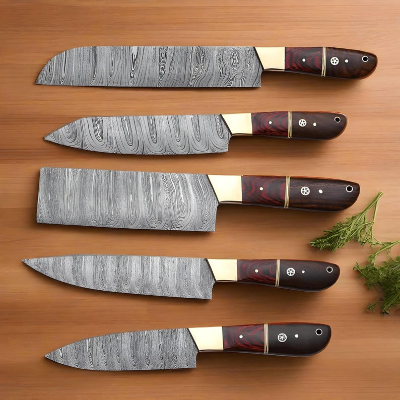Hand Forged Damascus Steel Chef Knives Set - Exotic Wood Handles