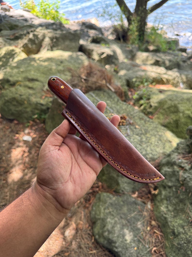 Damascus Kephart Knife with leather sheath | Handmade FULLTANG Roswood Skinner