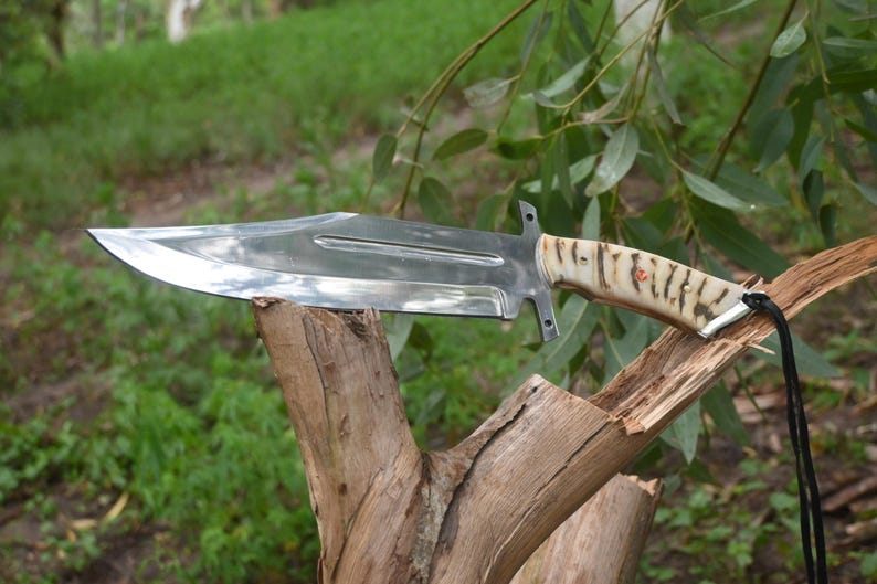 Handmade Carbon Steel Hunting Knife, Ram Horn Handle, Cowhide Sheath