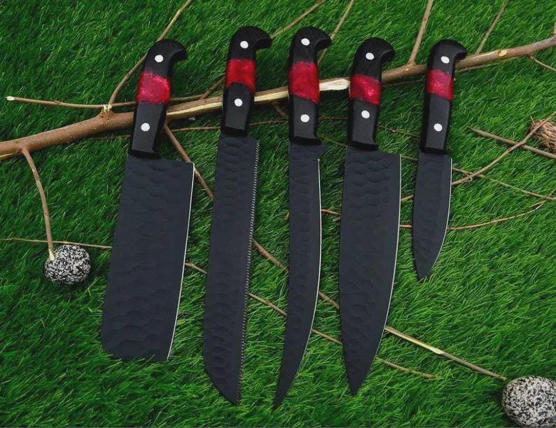 Handmade High Carbon Steel Chef Knife Set, Rosewood Resin Handle with sheath