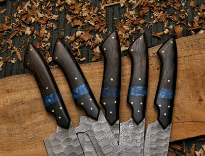 Handmade Damascus Steel Chef Knife Set 5-Piece Kitchen Knives with Leather Roll