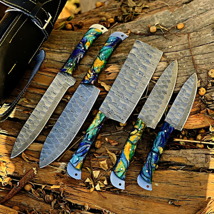 Damascus Steel Chef Knife Set, Hand forged Kitchen knives