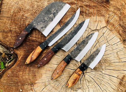 Hand Forged Carbon Steel Chef's Knife Set of 5 BBQ Knife Kitchen Knives Gift for Boyfriend Anniversary Gift-Gift for Him Groomsmen gift