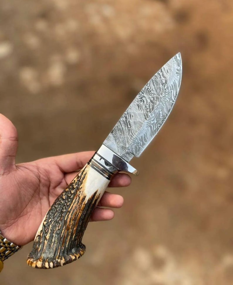 Custom HandMade Damascus Antler Deer Horn Crown Handle Hunting Knife