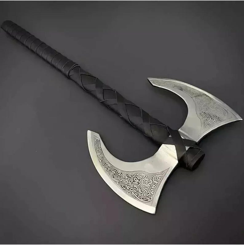 Viking Double Head Axe: Celtic Etched Carbon Steel & Ash Wood