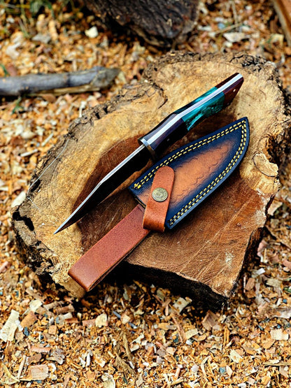 Handmade Damascus Hunting Knife, Copper Bolster, Rosewood Resin Handle
