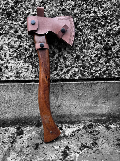 Handmade Forged Bushcraft Axe: High Carbon Steel, Leather Sheath