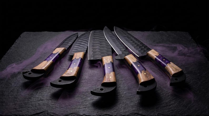 Damascus Chef Knife Set | Forged Kitchen Knives with Leather Roll