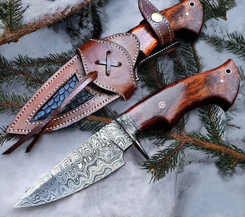Custom Handmade Hunting Knife Rosewood Handle &amp; Leather Sheath