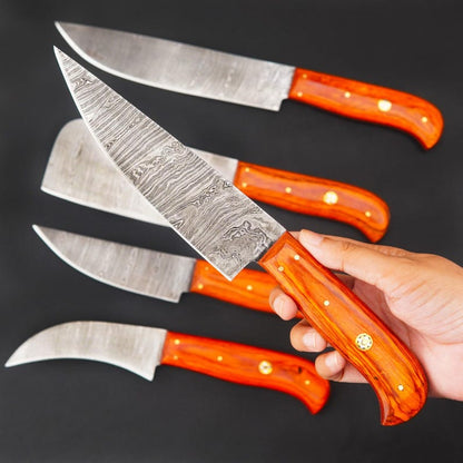Damascus Steel 5-Piece Chef Knife Set | Handmade BBQ Kitchen Knife Collection
