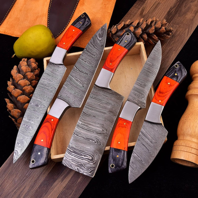Damascus Steel Chef Knife Set, Hand forged Kitchen knives