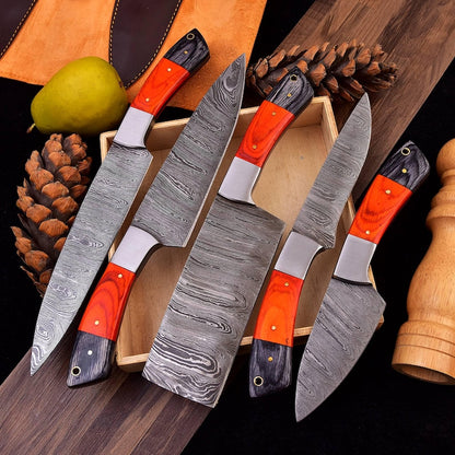 Damascus Steel Chef Knife Set, Hand forged Kitchen knives