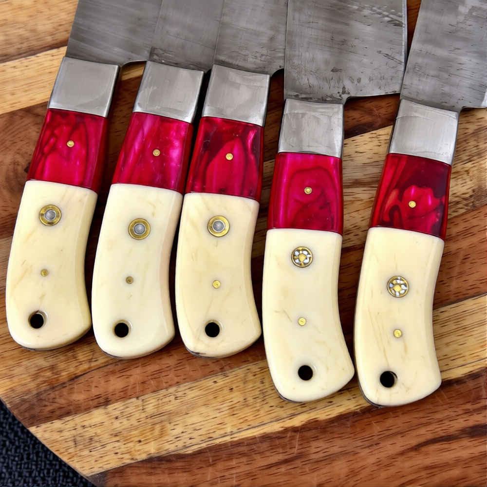 Custom Hand Made Forged Damascus Chef Knife Set Steel Bolster With Bone & Stained Wood Handle