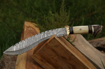 Handmade Damascus Kukri Knife with Stag Horn and Bone Handle