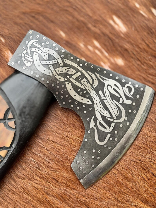 Handcrafted Viking Style Axe – Engraved Norse Head with Carved Wooden Handle