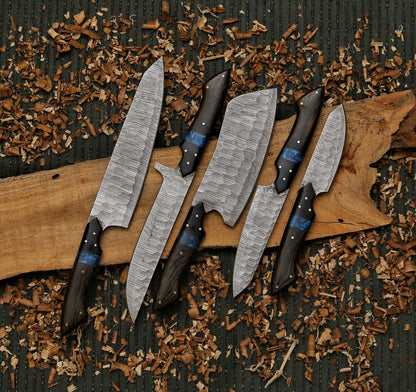 Handmade Damascus Steel Chef Knife Set 5-Piece Kitchen Knives with Leather Roll