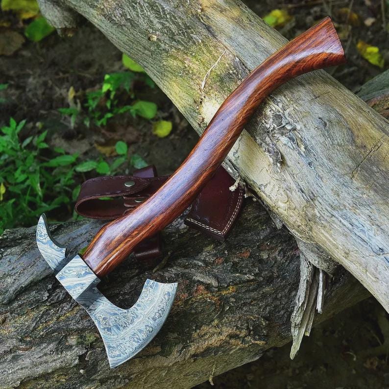 Custom Gift Forged DAMASCUS Steel VIKING AXE with rose Wood Shaft, Wedding Gift, Axes