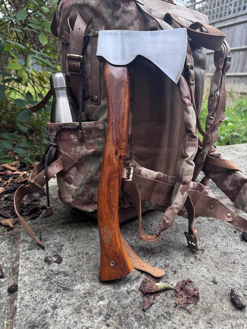 Handmade Forged Bushcraft Axe: High Carbon Steel, Leather Sheath