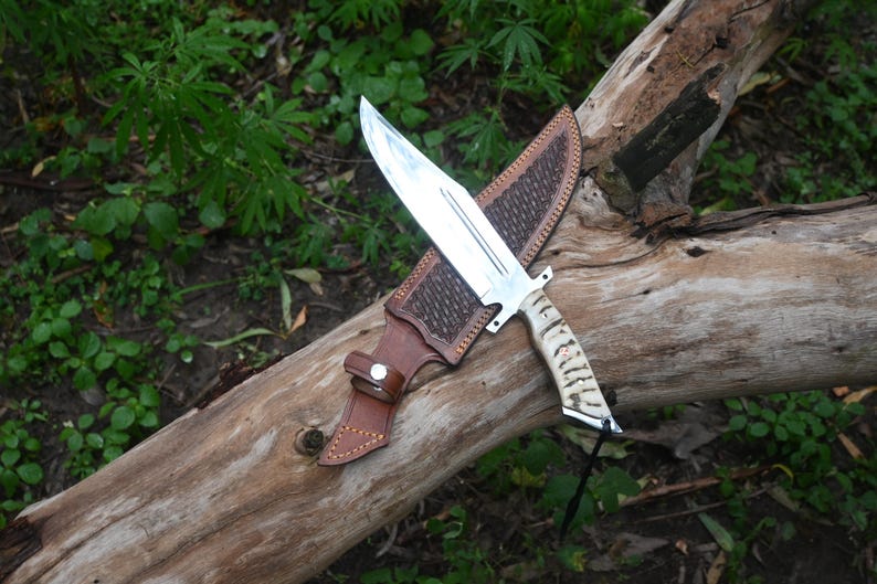 Handmade Carbon Steel Hunting Knife, Ram Horn Handle, Cowhide Sheath