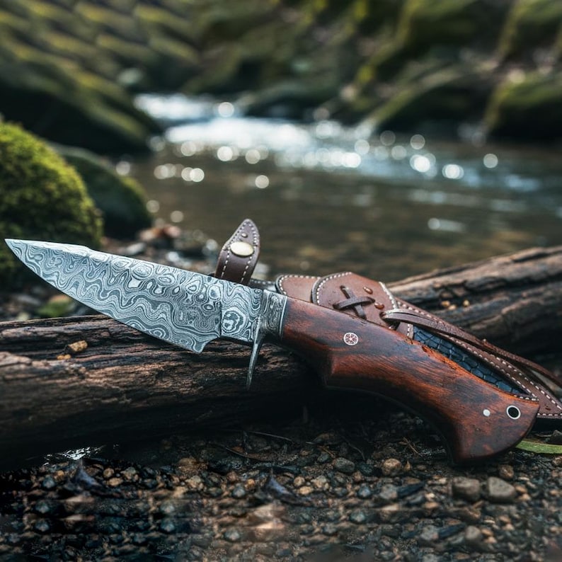 Custom Handmade Hunting Knife Rosewood Handle &amp; Leather Sheath