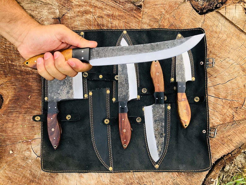 Hand Forged Carbon Steel Chef's Knife Set of 5 BBQ Knife Kitchen Knives