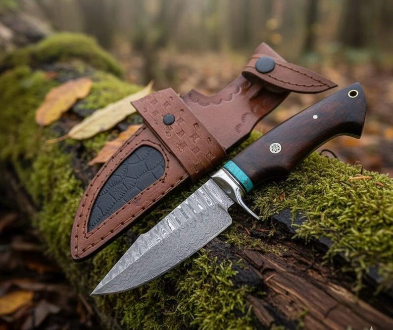 Handmade Damascus Hunting Knife | Full Tang Survival Knife with Walnut Handle Bushcraft Camping Gift