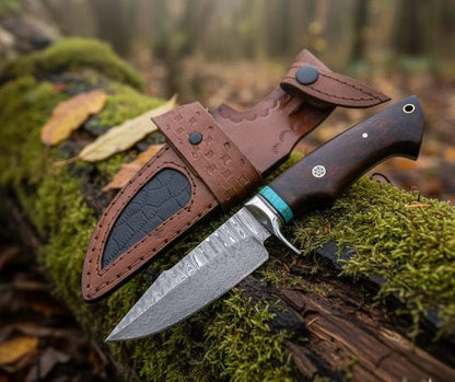 Handmade Damascus Hunting Knife | Full Tang Survival Knife with Walnut Handle Bushcraft Camping Gift