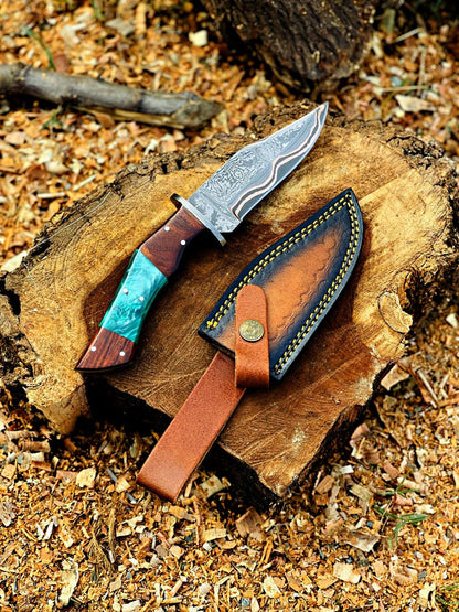 Handmade Damascus Hunting Knife, Copper Bolster, Rosewood Resin Handle