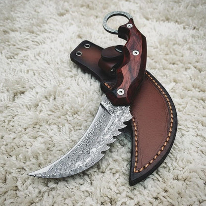 Handmade Damascus Karambit Knife: Engraved Gift with Leather Sheath