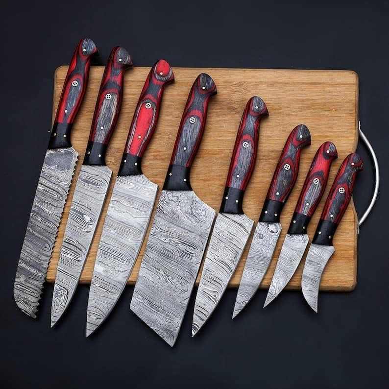 Hand Forged Damascus Steel 8 Pcs Chef Knife Set, Pakka Wood Handle & Leather Bag