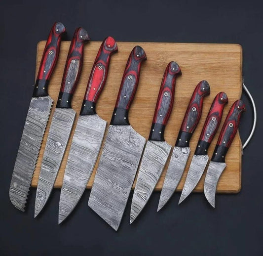 Handmade Damascus Steel Chef Knife Set, Pakka Wood Handles, Leather Bag