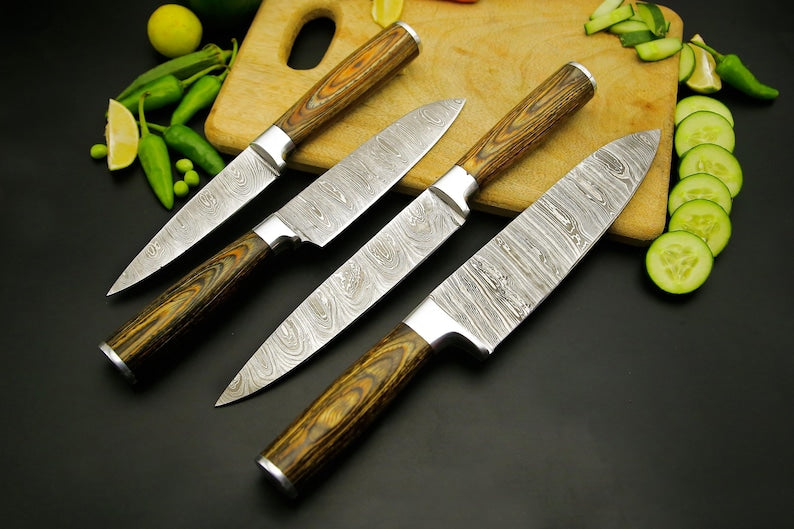 Hand Forged Damascus Chef Knife Set of 4Pcs With Brown Pakka Wood handle