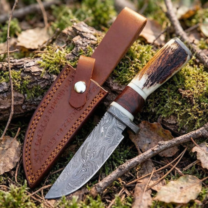 Handmade Damascus Steel Skinner Knife | Full Tang Hunting Knife with Stag Horn Handle