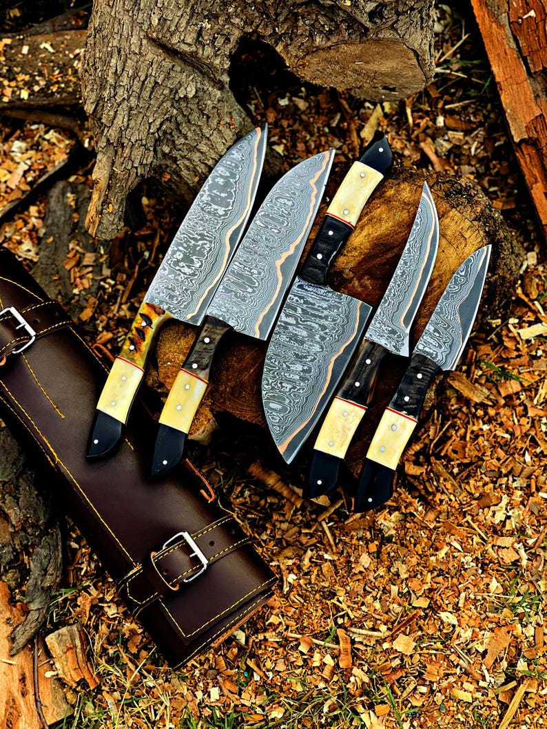 Handmade Damascus cooper Chef Knife Set, Hand forged Kitchen knives