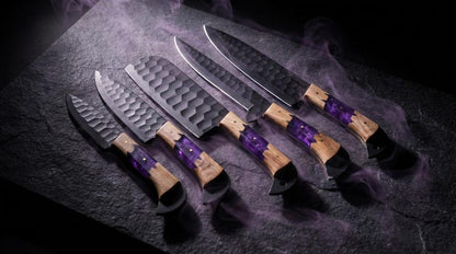Damascus Chef Knife Set | Forged Kitchen Knives with Leather Roll
