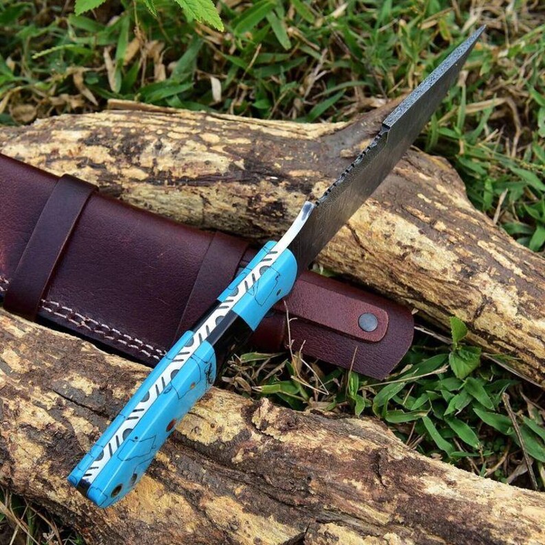 Handmade Damascus Steel Hunting Knife with Leather Sheath