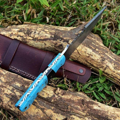 Handmade Damascus Steel Hunting Knife with Leather Sheath