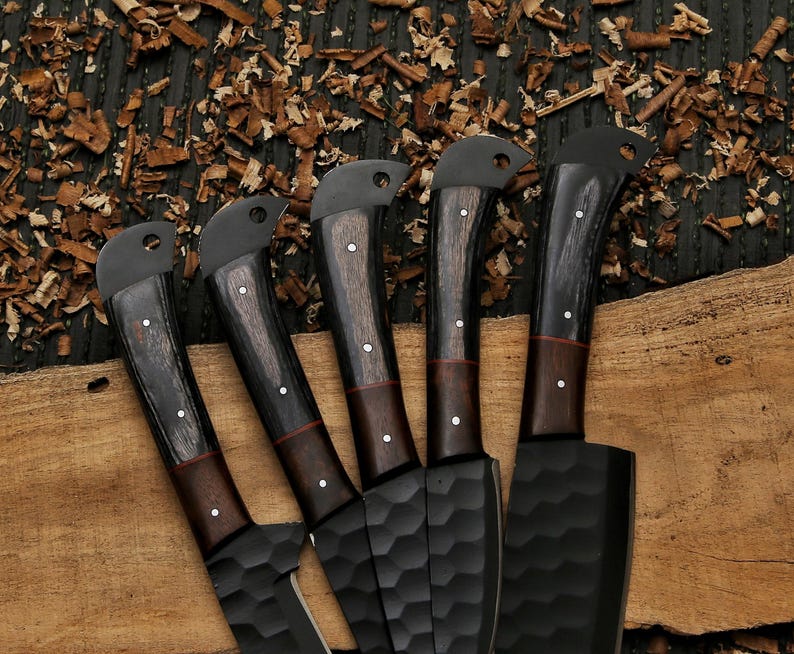 Handmade Damascus Chef Knife Set, Forged BBQ Knives, Wood Handle