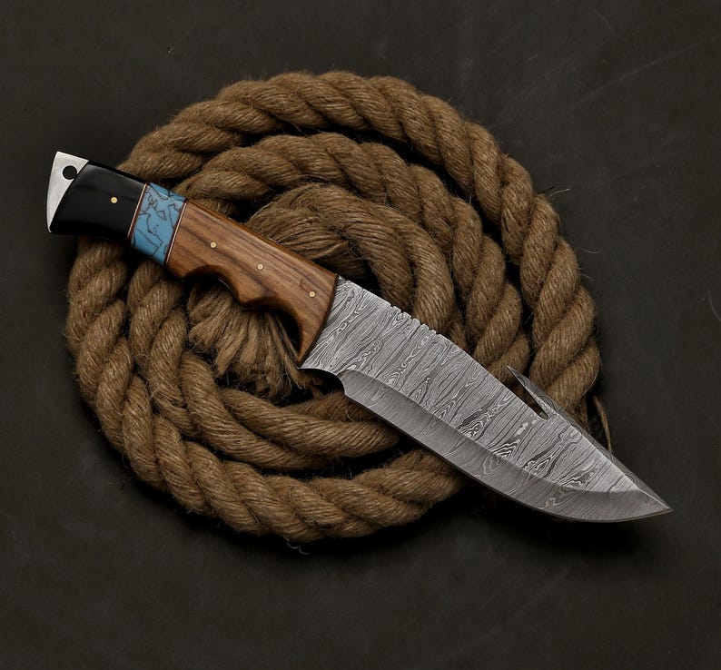 Handmade Damascus Steel Hunting Gut Hook Knife with Leather Sheath