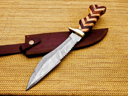Handmade Damascus Steel Hunting Bowie | Cow & Rosewood Handle
