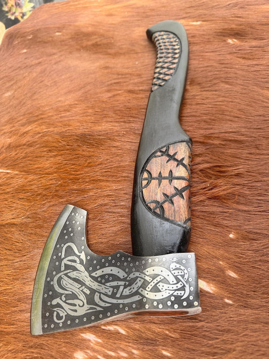 Handcrafted Viking Style Axe – Engraved Norse Head with Carved Wooden Handle