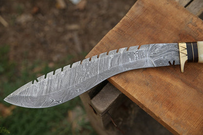 Handmade Damascus Kukri Knife with Stag Horn and Bone Handle