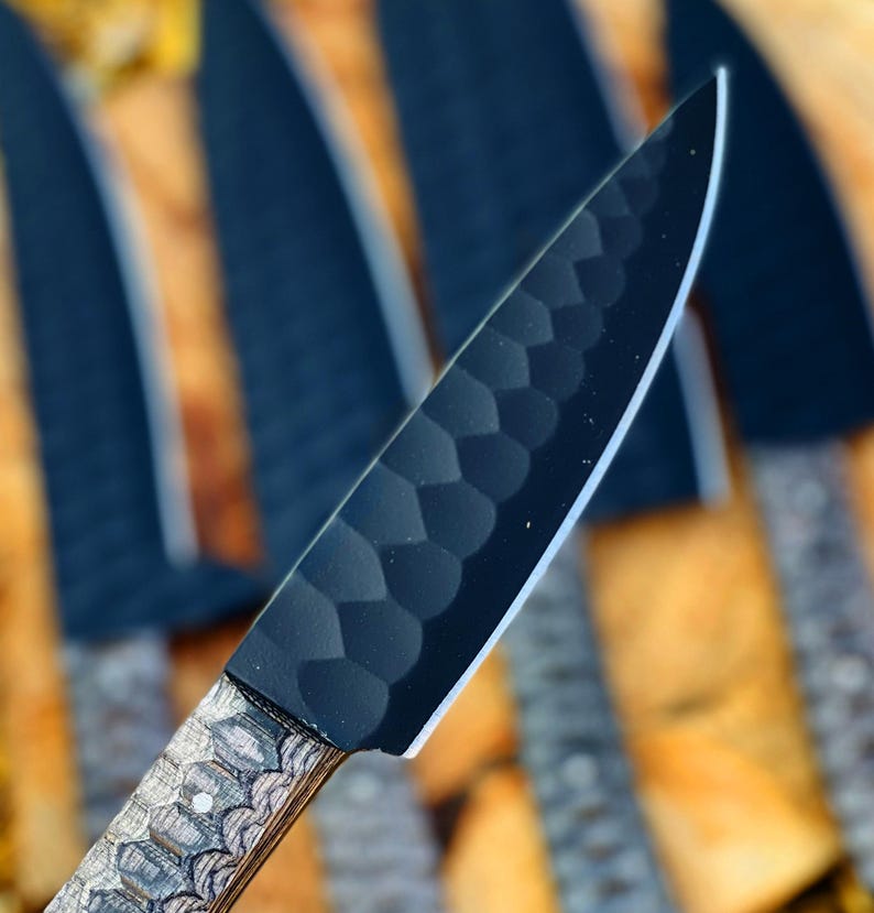 Damascus Chef Knife Set, 5 Piece black Kitchen Knife Set, Hand Forged Textured Handle Cooking tool set