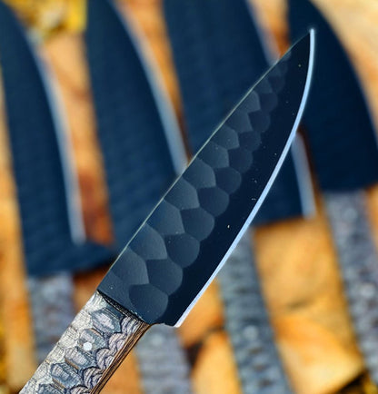 Damascus Chef Knife Set, 5 Piece black Kitchen Knife Set, Hand Forged Textured Handle Cooking tool set