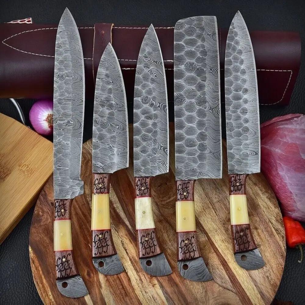 5 Pieces Custom Handmade Damascus Steel Chef Set - 5 Piece Kitchen Knives Set