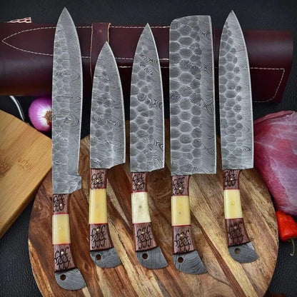 5 Pieces Custom Handmade Damascus Steel Chef Set - 5 Piece Kitchen Knives Set