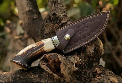 Custom HandMade Damascus Antler Deer Horn Crown Handle Hunting Knife